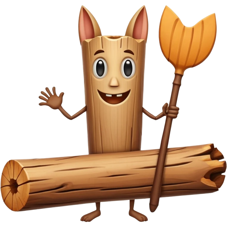 The character is an anthropomorphic wooden log with a cartoonish face, human arms and legs, and a long wooden bat, giving it a surreal, humorous appearance. emoji