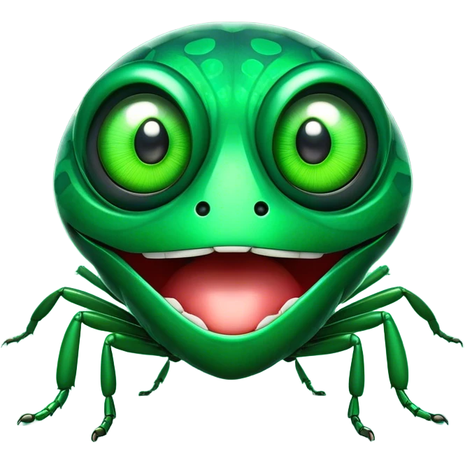Cinematic Comical Green Bugdie Portrait Emoji, Head tilted dramatically with an exaggeratedly amused expression, featuring a striking, glossy emerald exoskeleton with bold patterns, wide, expressive multifaceted eyes filled with playful disbelief, Simplified yet hilariously expressive features, highly detailed, glowing with a slightly sassy glow, high shine, dramatic yet playful, stylized with an air of cheeky mischief, bright and endearing, soft glowing outline, capturing the essence of a spirited and over-the-top bug, so meme-worthy it feels like it could side-eye its way into internet fame instantly! emoji