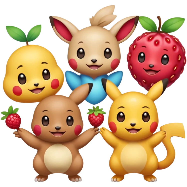 Three Pokémon characters showing kindness and teamwork. One Pokémon is handing a berry to another, while the third Pokémon is cheering and clapping happily. They look joyful and friendly, standing close together in a bright, colorful cartoon scene. The style is cute, playful, and emoji-like. emoji