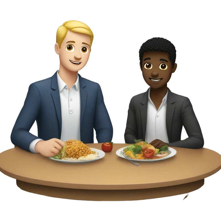 Gay couple, one black boy, one white boy, eating a dinner table emoji
