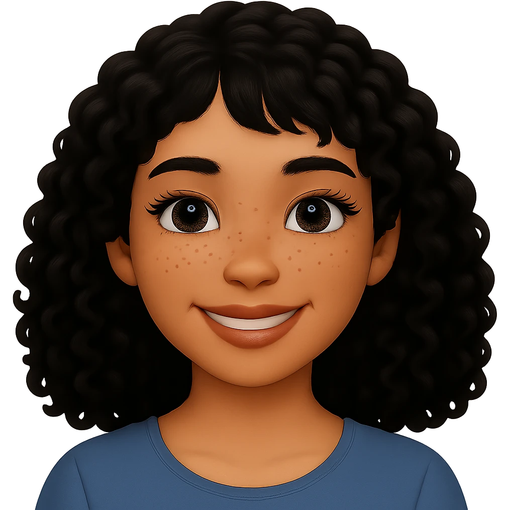 Make the hair wavy and black, with bangs more on the right side. Change the skin tone to almond. Keep the expression warm, friendly, and calm, with freckles and a glowing complexion. Preserve the transparent background. emoji