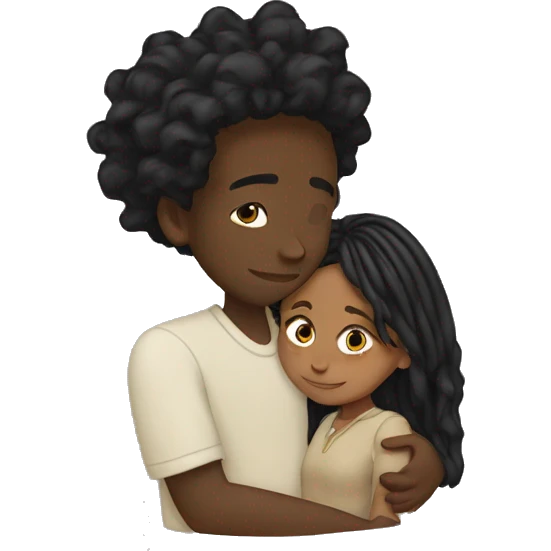 Brown girl with wavy hair hugging black boy who has dreads  emoji