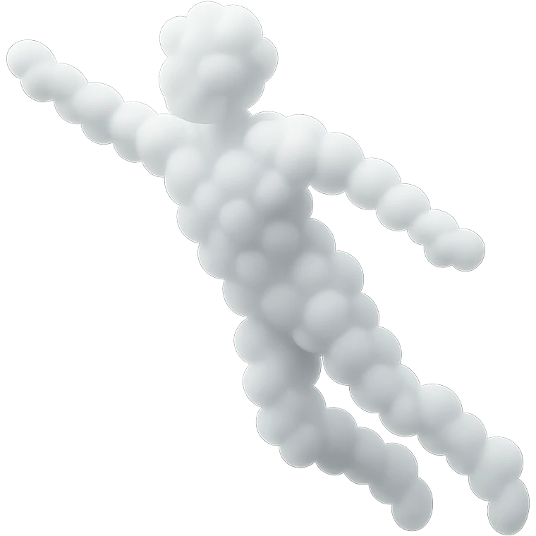 a person flying, entirely made of small, very bright white fluffy convex clouds, minimalist, airy emoji