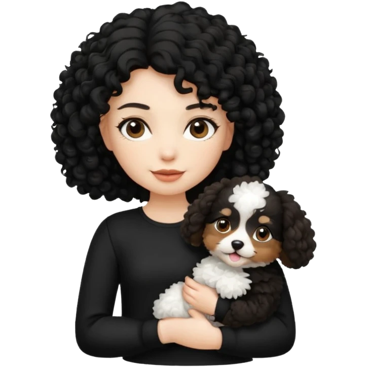 Moça branca com cabelo cacheado preto. Roupa preta e Com um cachorro no colo emoji