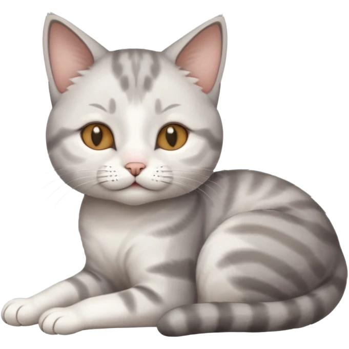 grey and white small cat with its eyes closed lying down with its paw holding up his head emoji