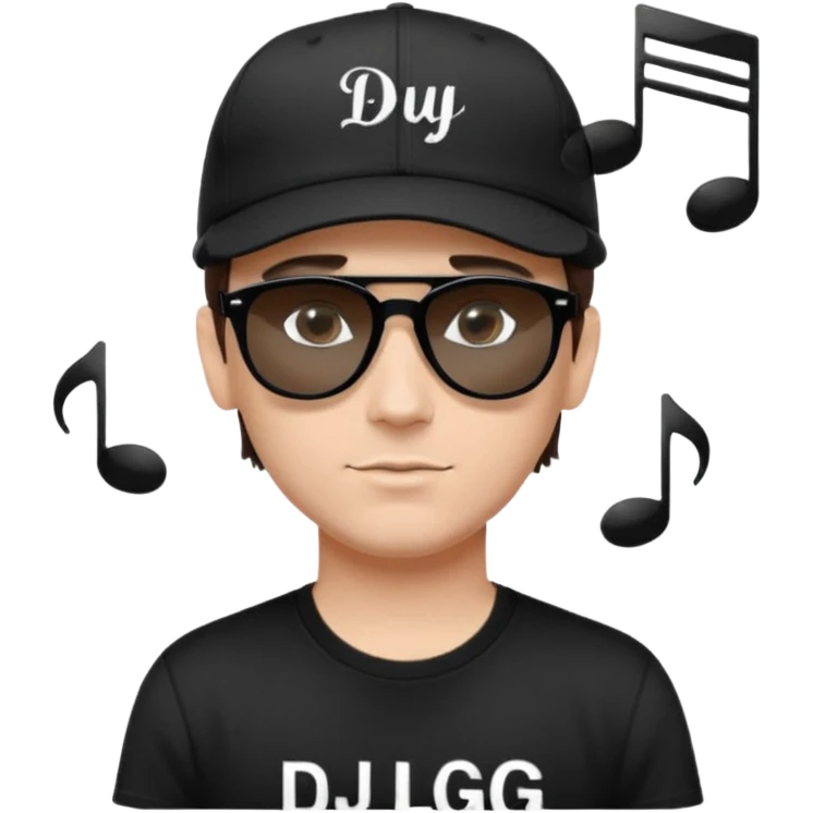 Emoji of a white man with short dark brown hair under a black baseball cap, wearing a black t‑shirt and 1980s‑style black Ray‑Ban rectangle sunglasses black lenses, with black musical notes floating around his head,  word "DJ DLG" written on the hat emoji