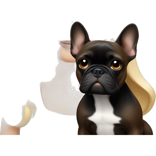 Blonde girl with blue eyes holding brown and black French bulldog emoji