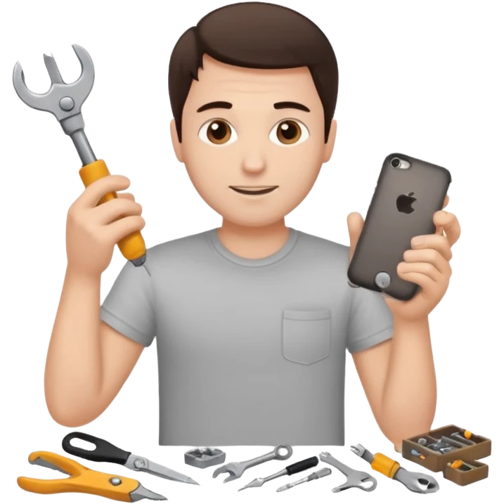 make a white guy with dark brown hair, with a simple white o grey shirt, repairing an iphone happy, tecnician with small tools emoji