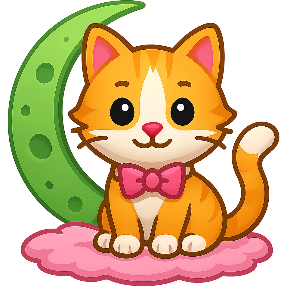 Change the moon to green, keep the cat with pink bow, in emoji style with no background. emoji