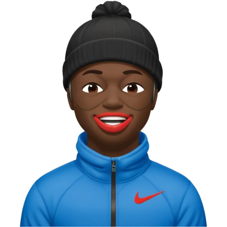 black guy with nike ski mask on squinching his face with his lips puckered trying to hold his laugh with his eyes closed emoji