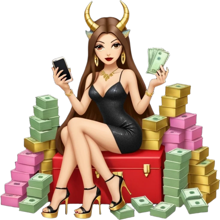 Sensual seductress long brown straight haired sexy drug lord woman with  glitter platform high heels on her feet,  and devil black horns on her head, holding a stack of cash, has a phone in other hand. Sitting on gold cases full of drugs, long black dress with sexy slit emoji