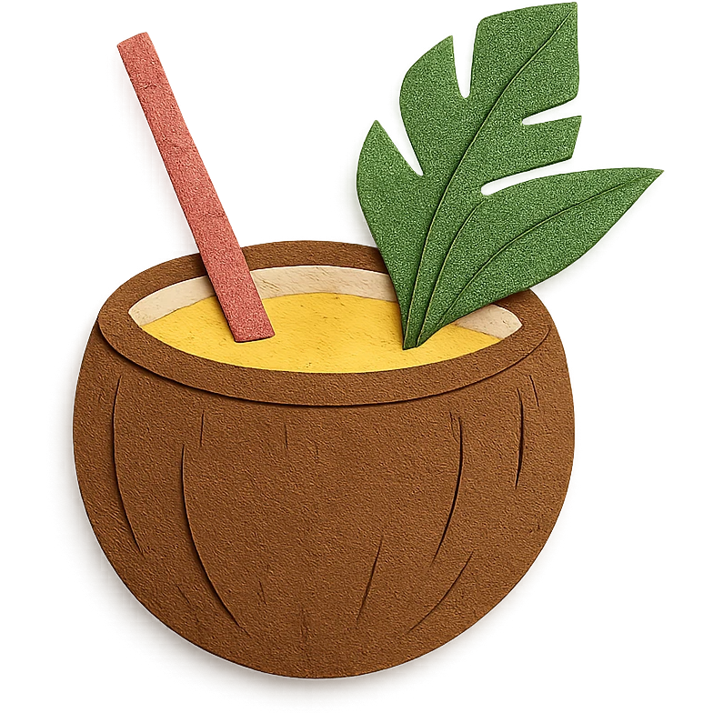 pina colada in a coconut shell with a straw and tropical leaves in paper-craft style emoji