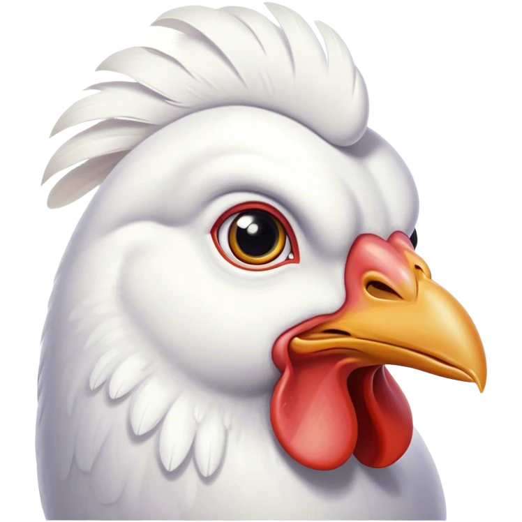 Cinematic Noble White Chicken Portrait Emoji, Poised and regal, with a compact, sturdy build and a pristine, well-groomed pure white plumage, deep-set soulful beady eyes, Simplified yet sharp and sophisticated features, highly detailed, glowing with a soft, dignified glow, high shine, intelligent and alert, stylized with an air of barnyard elegance, focused and attentive, soft glowing outline, capturing the essence of a watchful and confident fowl, so majestic it feels as though it could strut out of the screen with effortless authority! emoji