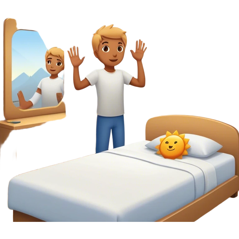 A person stands beside their bed, rolling out groggily with determination. The bed behind them is neatly made, a mirror in front of them shows them high-fiving their reflection. A glowing sunrise outside signals the start of a productive day. emoji