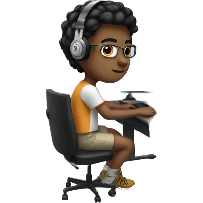 white boy with dark hair and lasses wearing gaming headset and sitting at desk on desktop computer   emoji