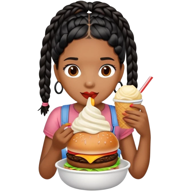 Girl brown girl with black braids eating a burger with a bowl of ice cream emoji
