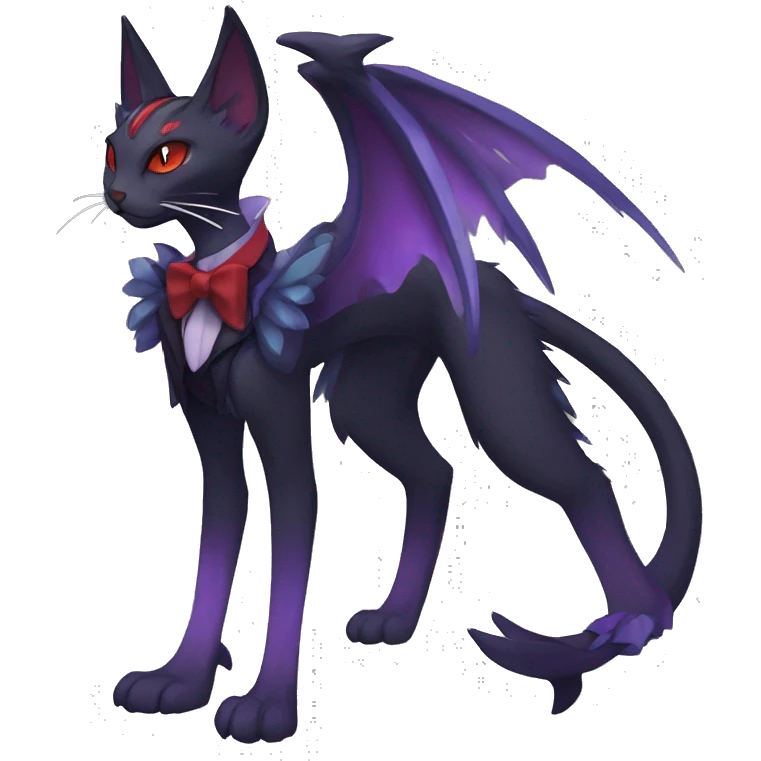  Cool kawaii edgy black purple red ethereal fantasy beautiful elegant nargacuga-Noivern-cat-Fakemon collar harness bow tie and bracers full body emoji