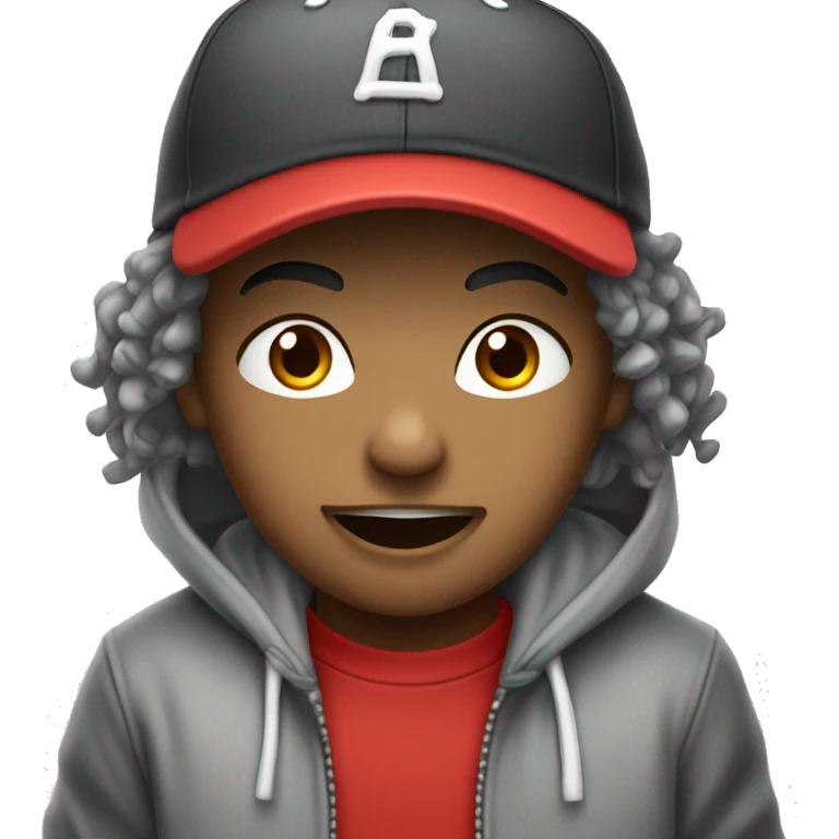 gray hoodie black baseball cap red sweatpants white shoes open mouth boy emoji