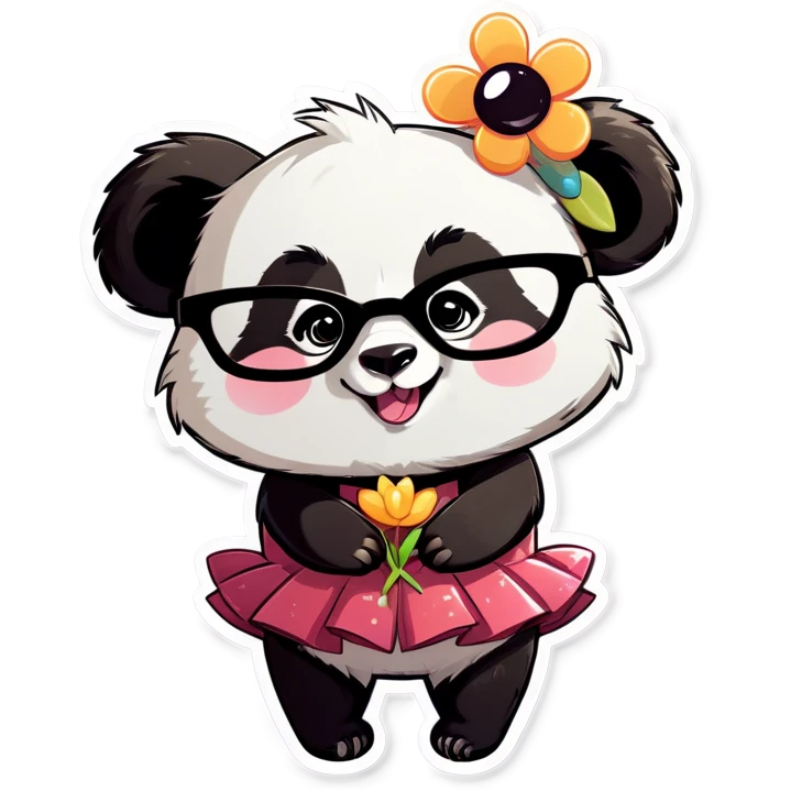 Cute female Panda wearing a tutu and glasses with a flower above 1 ear hugging a male raccoon  emoji