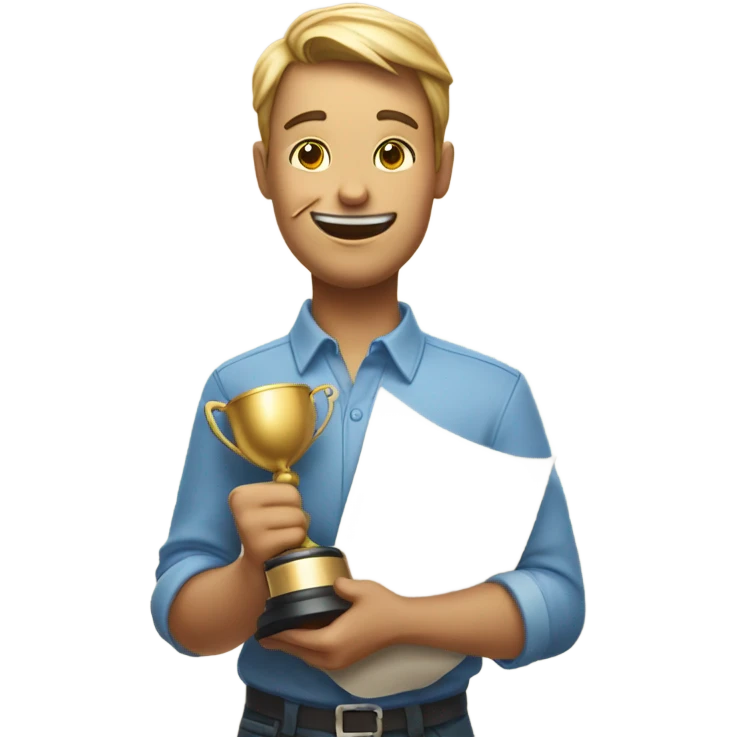 Winking tongue out and hands holding a trophy and a A+ paper emoji