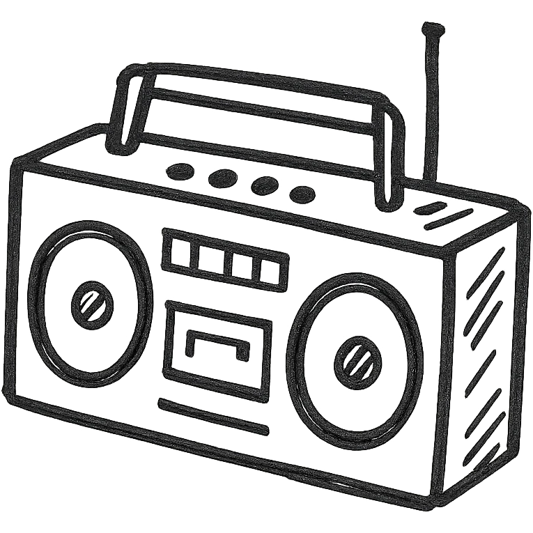 Boombox icon, hand drawn, black outlines, no fill, simple and clean, angled view emoji