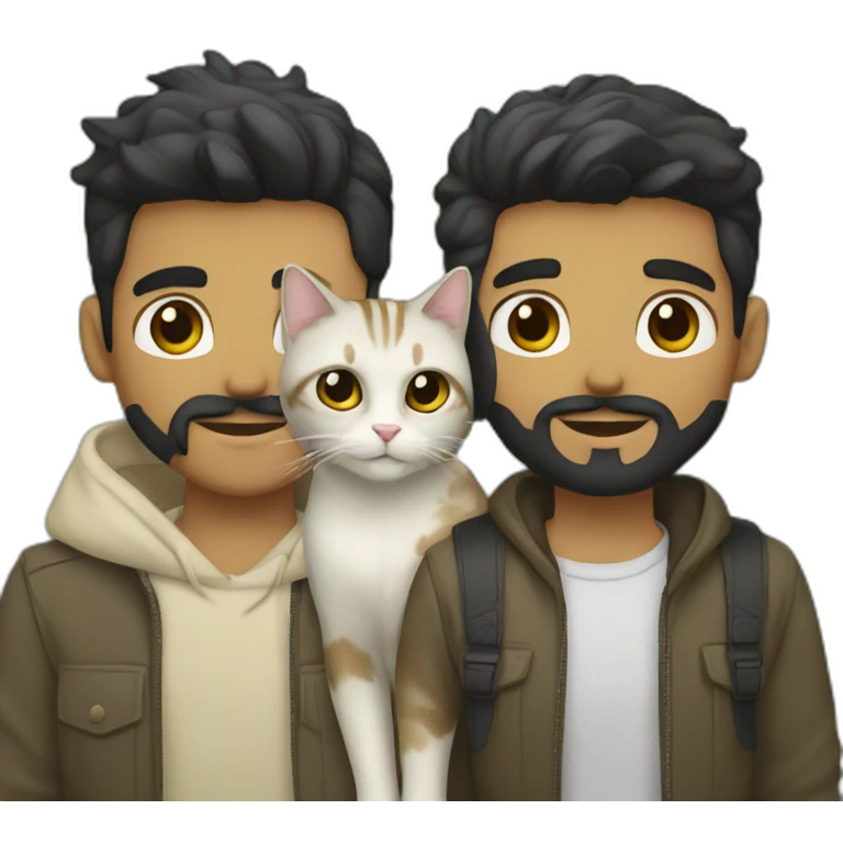 Gay male couple Latino Black hair and beard male and Australian blonde hair male , with a cat in the middle emoji
