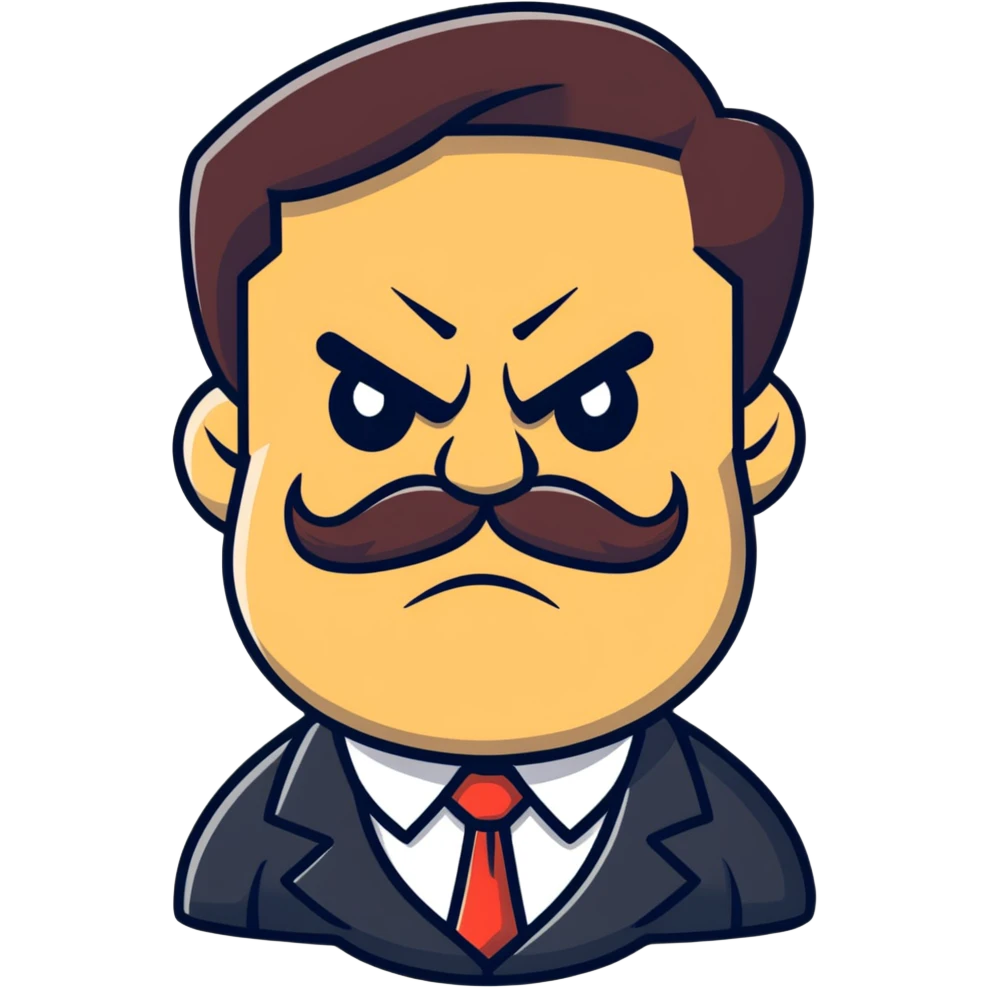 A cartoon angry boss character with a thick mustache, frowning face emoji