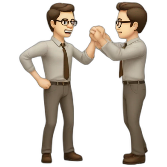 To belt Actively gesturing with hands Pale skinned fit man teacher with dark brown hair in gray jacket, beige office shirt, brown tie, brown pants and vintage glasses. emoji