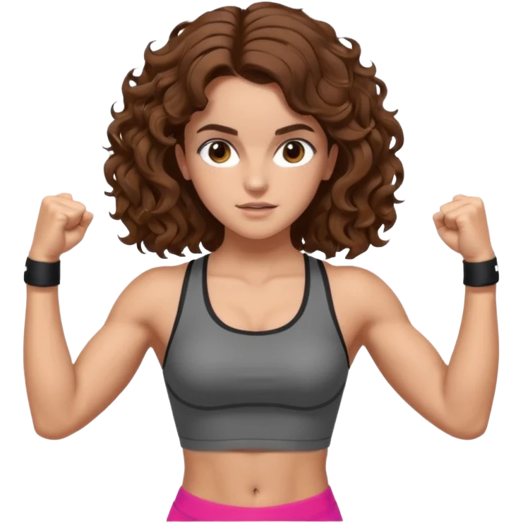 full body, very beautiful italian girl, looking like Emma Watson, with curly and big volume very bright brown hair, workout clothes, flexing muscles

 emoji