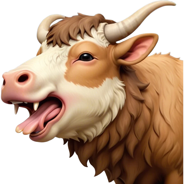 Cinematic Cute Yawning Domestic Ox Portrait Emoji, Head tilted slightly with a dramatic, wide-open yawn, showcasing a soft, textured hide with drooping horns and half-closed, drowsy eyes, Simplified yet irresistibly adorable features, highly detailed, glowing with a soft, cozy natural glow, high shine, relaxed yet expressive, stylized with a dash of pastoral whimsy, soft glowing outline, capturing the essence of a sleepy yet affectionate ox that seems ready to stretch out for a nap! emoji