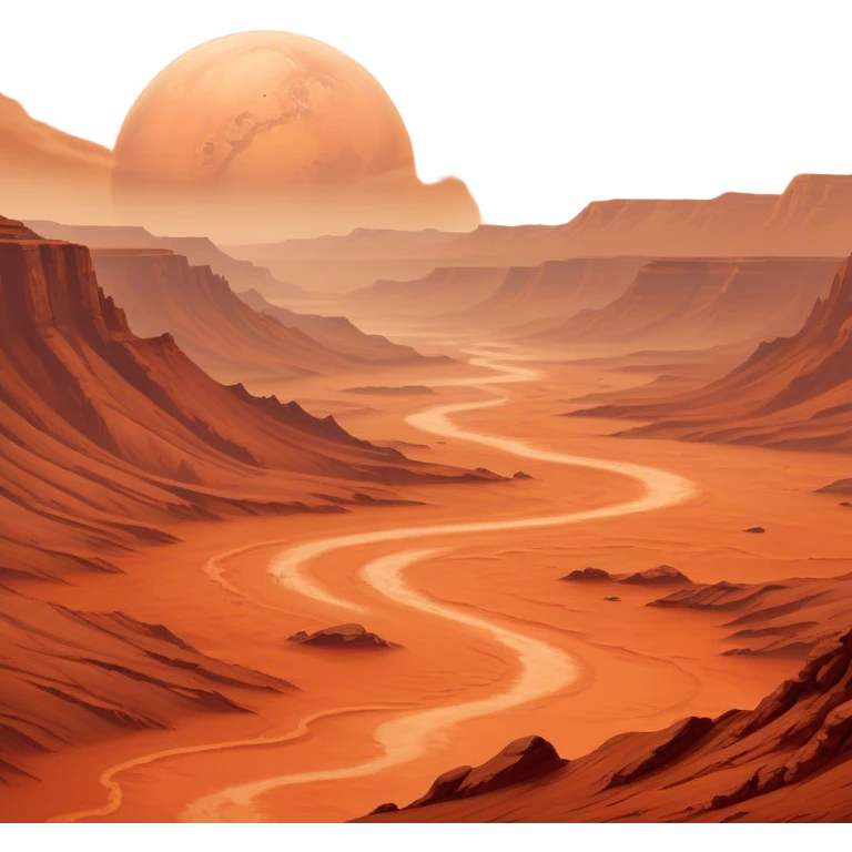 Cinematic Realistic Mars, portrayed with rugged, rust-colored landscapes, deep canyons, and swirling dust storms rendered with lifelike texture and an orange-hued glow that evokes the enigmatic allure of the Red Planet. emoji
