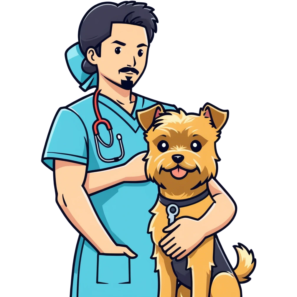 A blonde white nurse stands beside a handsome, muscular Korean man with black hair styled in a sharp point, a full goatee, and a blonde Yorkshire Terrier in his arms emoji
