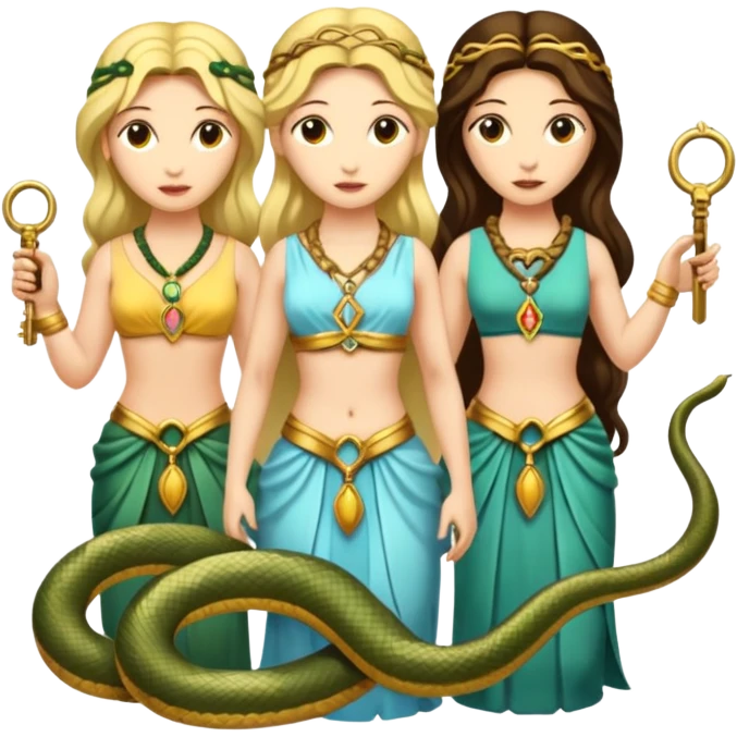 Three goddesses. one with a snake facing right,  one with a key facing left, one in the center with a key emoji