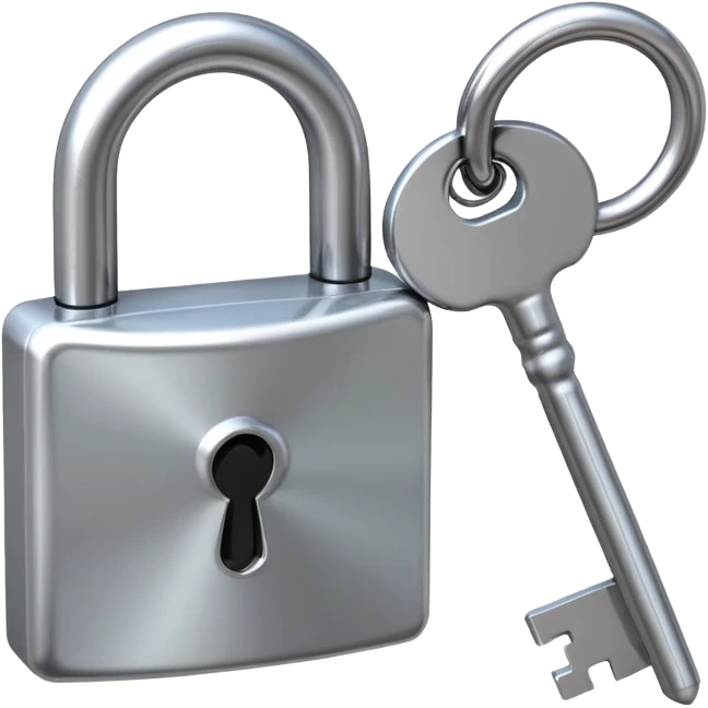 A chrome silver lock and key emoji, smooth metallic surfaces, glossy reflections, luxury swag vibe, minimal iOS emoji style, centered on clean white background emoji