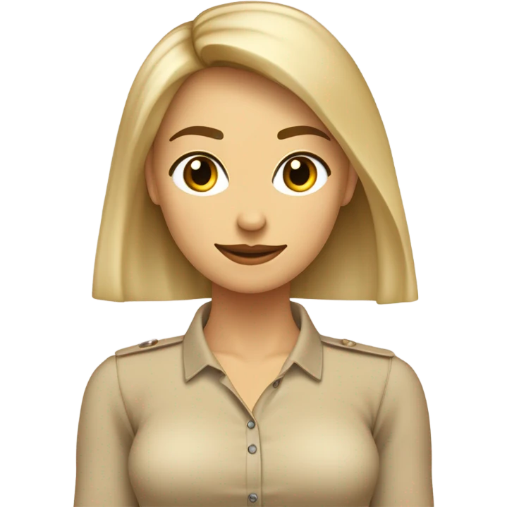 Mujer con cabello rubio lacio, hasta el hombro, con flequillo de lado, frente amplia y aros de argolla, ojos café. Camisa color beige con cuello tortuga emoji
