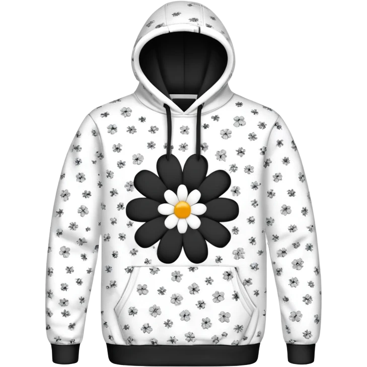 The BLACK Denim Tears Hoodie features a black base with distinctive black and white flowers. Each flower has a white outer ring with an empty space in the middle, creating a hollow, open design. These patterns are scattered across the hoodie for a bold and unique look. emoji