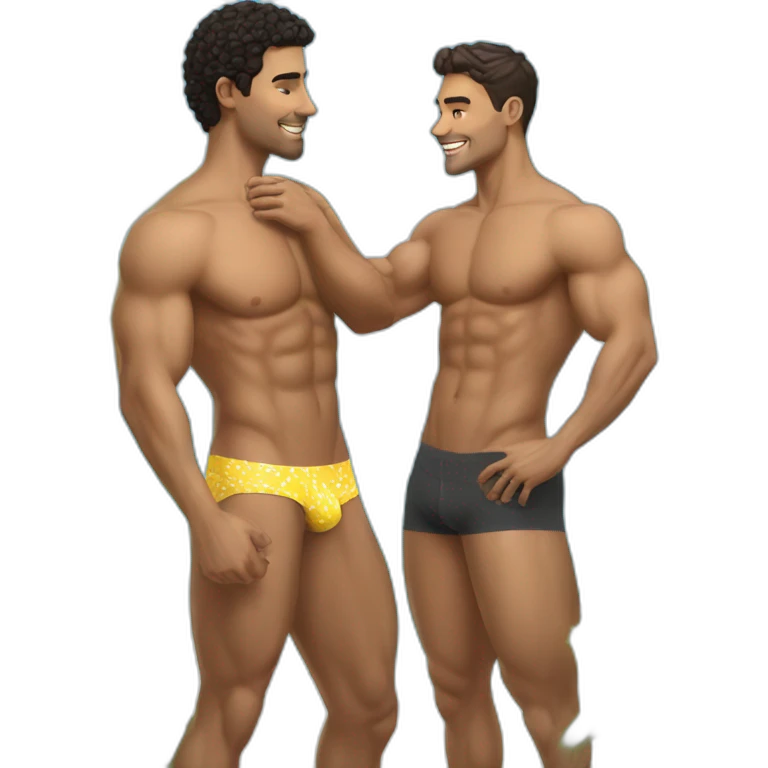 Sexy-fit-pose-Latino-male-and-caucasian-male-interracial-kiss-bikini emoji