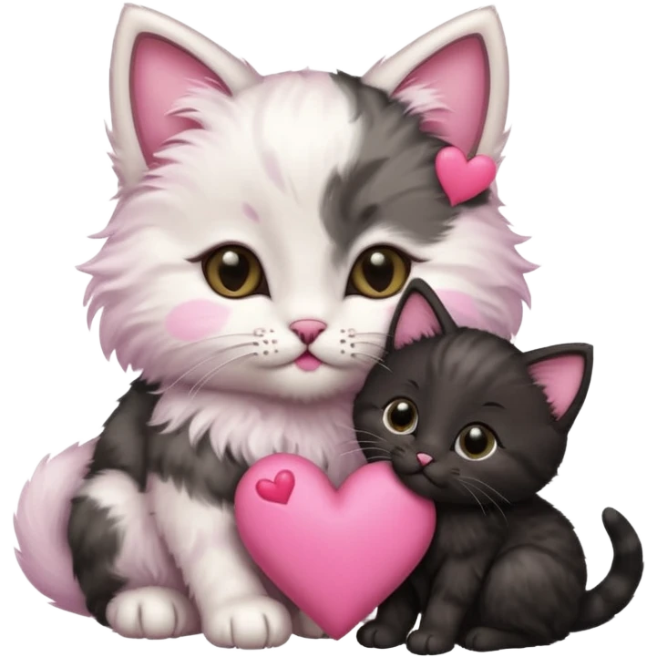Kitten kissing black mommy kitten on the cheek with a pink heart symbol emoji