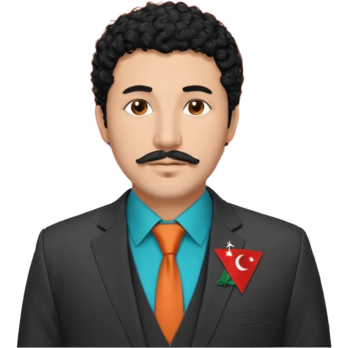 Black curly hair, messy and thrown forward, brown eyes, a goatee, thin mustache, wearing a suit. On the suit, there is a small Turkish flag detail on the chest, and on the other side of the chest, it says 'BST' — with 'B' in orange, 'S' in turquoise, and 'T' in navy blue. emoji