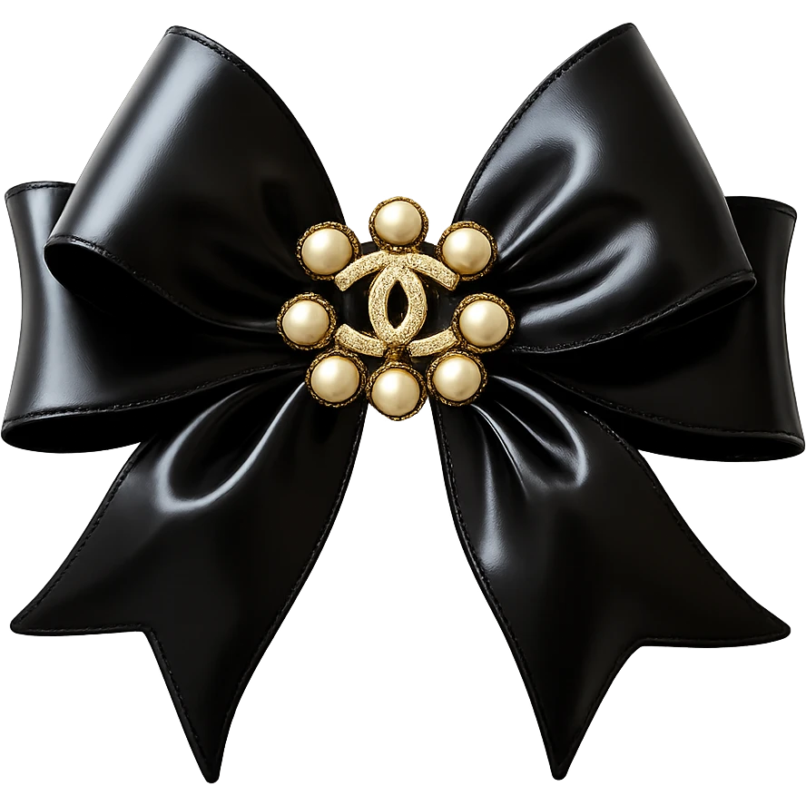 Remove the background, keep only the elegant bow with pearls and gold Chanel logo, glossy, black and white, realistic style, with no background. emoji