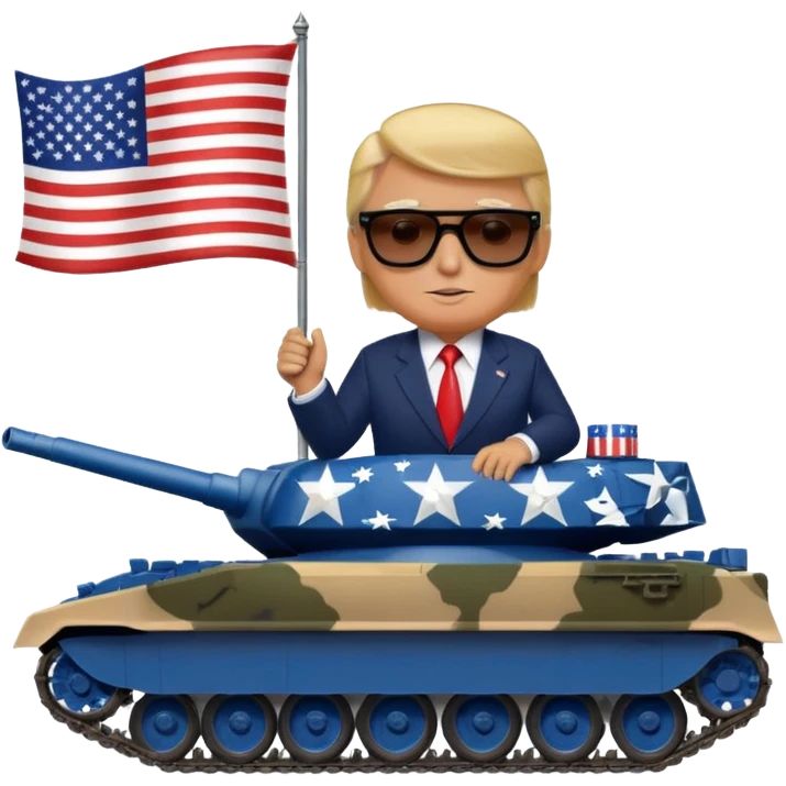 Donald trump with shades holding an American flag on top of a tank emoji