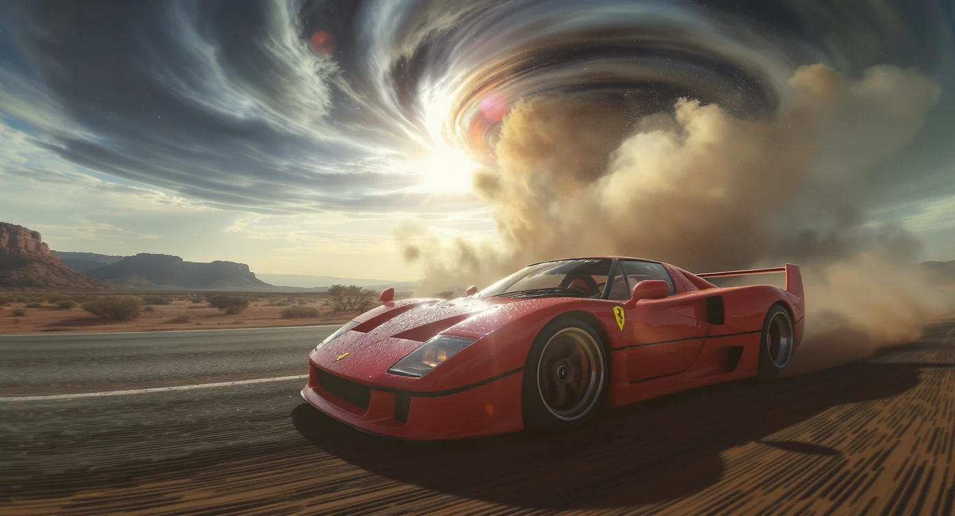 Cinematic still of a ferrari f40 around tornado od arizona desert, sun flare, captured by gopro hero with effect fisheye, water drops on car body, detailed, inspired by interstellar look, captured by a arri alexa, inspired by Wes Anderson emoji