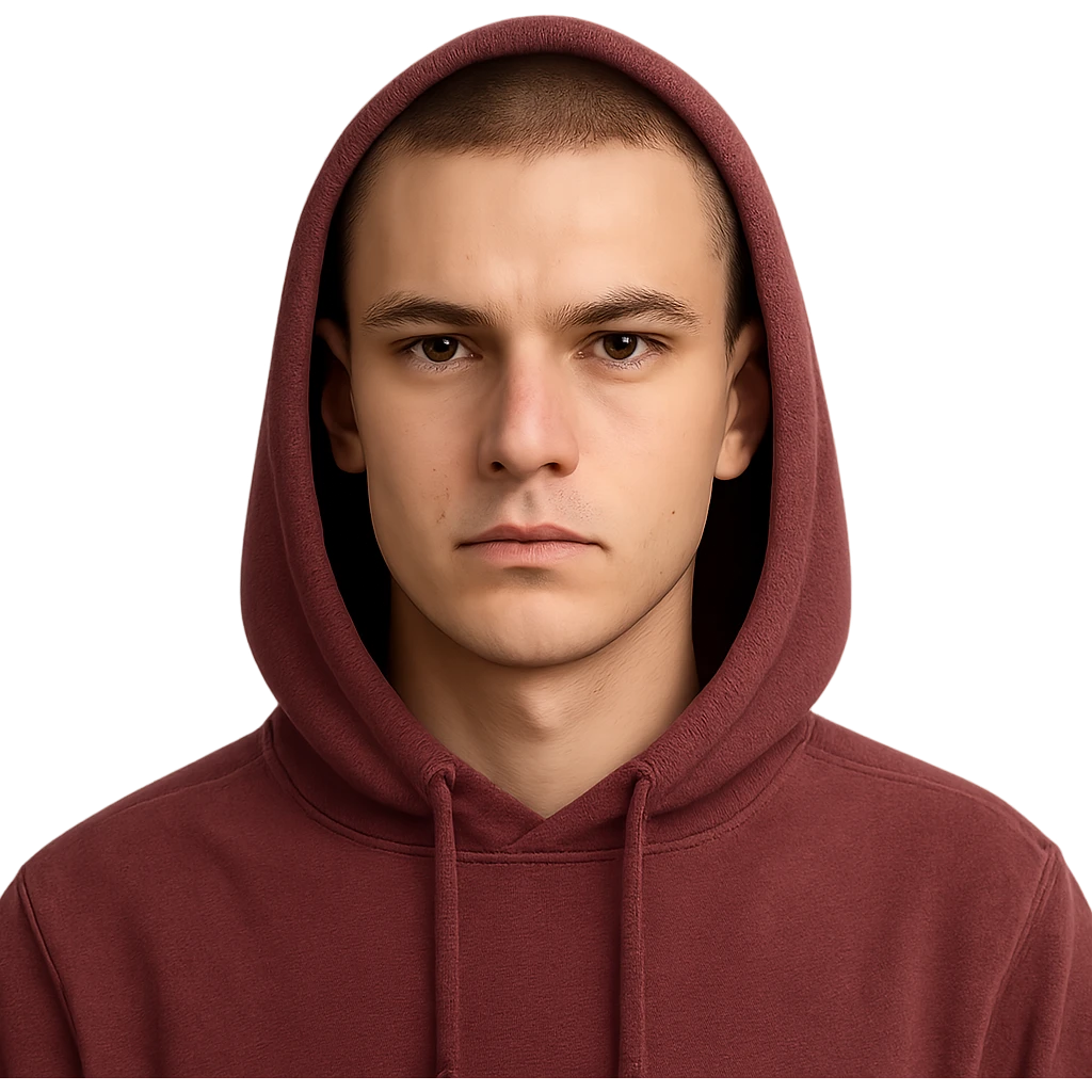 young European male with short buzzcut brown hair, smooth skin, wearing a maroon hoodie with the hood up, oval-shaped face, defined jawline, high cheekbones, sharp focused eyes under straight prominent eyebrows, calm neutral expression emoji