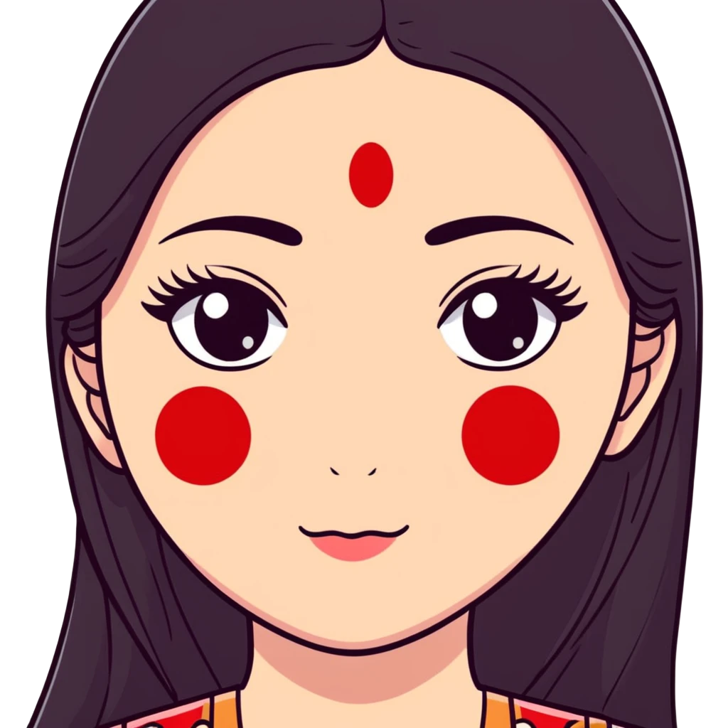 White girl with long oval shaped face, large almond shaped eyes with long eyelashes, long straight black hair falling in front of her bare shoulders, face closeup, with red and white gopi dots decorating her forehead above eyebrows emoji