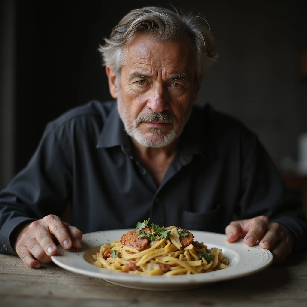 uomo di circa 20 anni, triste, che mangia un piatto di pasta, espressione triste, iperrealismo 4K, variazione 10 emoji