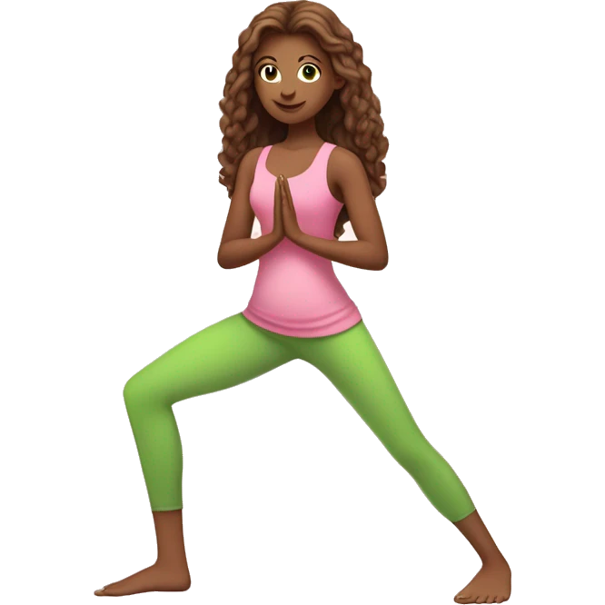 A girl with brown long hair, fair skin and green eyes stands tall in a yoga pose in a pink tank top and pink leggings emoji
