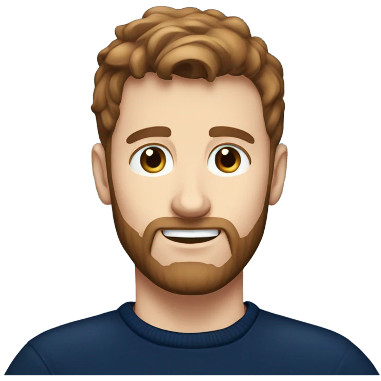 irish man blue eyes, brown short hair and short beard, wearing a smart navy blue jumper. emoji