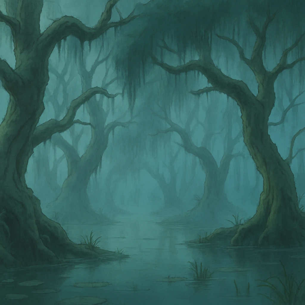 mysterious foggy swamp with twisted trees, ghibli-inspired style emoji