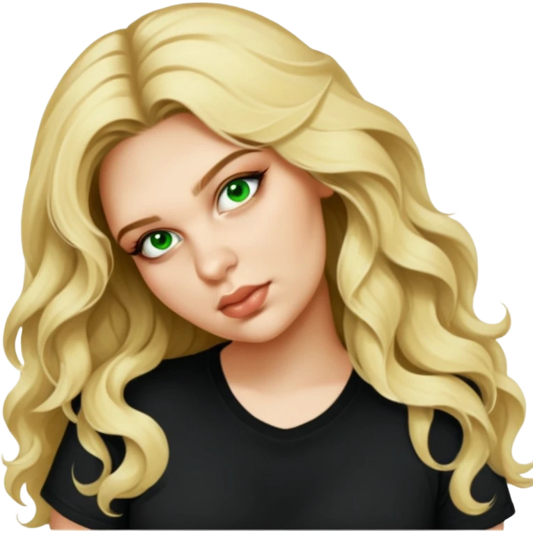 female, long wavy blonde hair, wearing black tshirt emoji