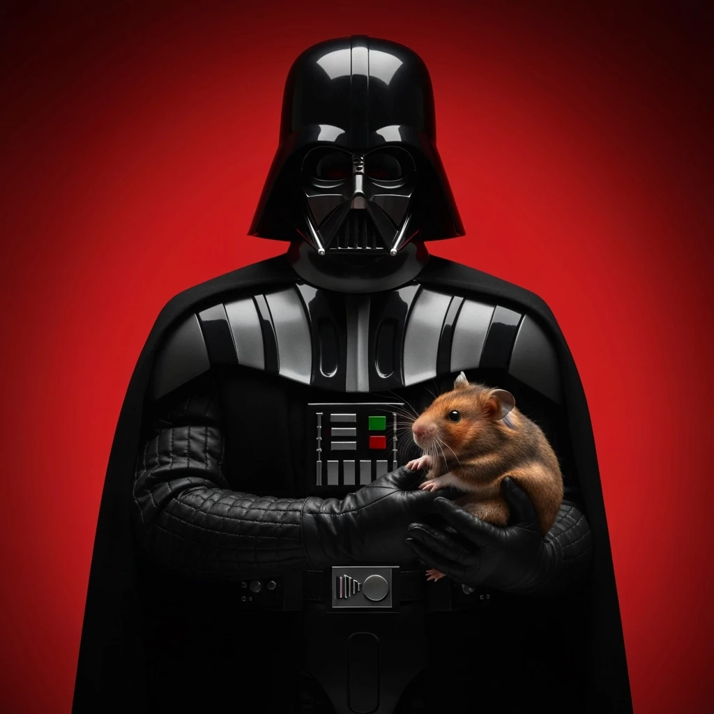 Closeup Photo of a darth vader holding big hamster, low key light, red solid background with leading lines, back light, spot light emoji